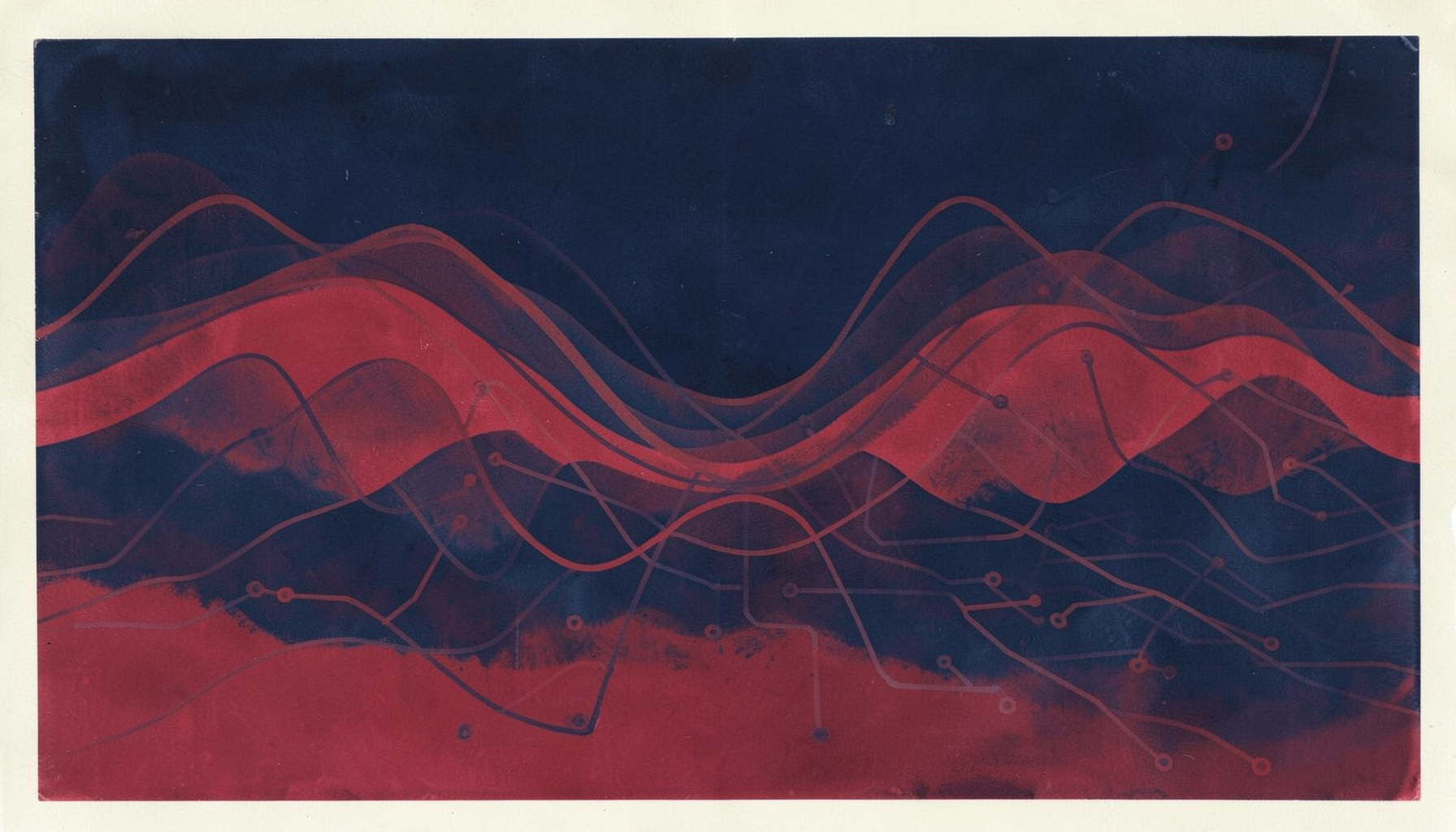 A matte gouache poster painting in deep indigo and muted crimson tones with layered abstract waveforms and faint craft motifs