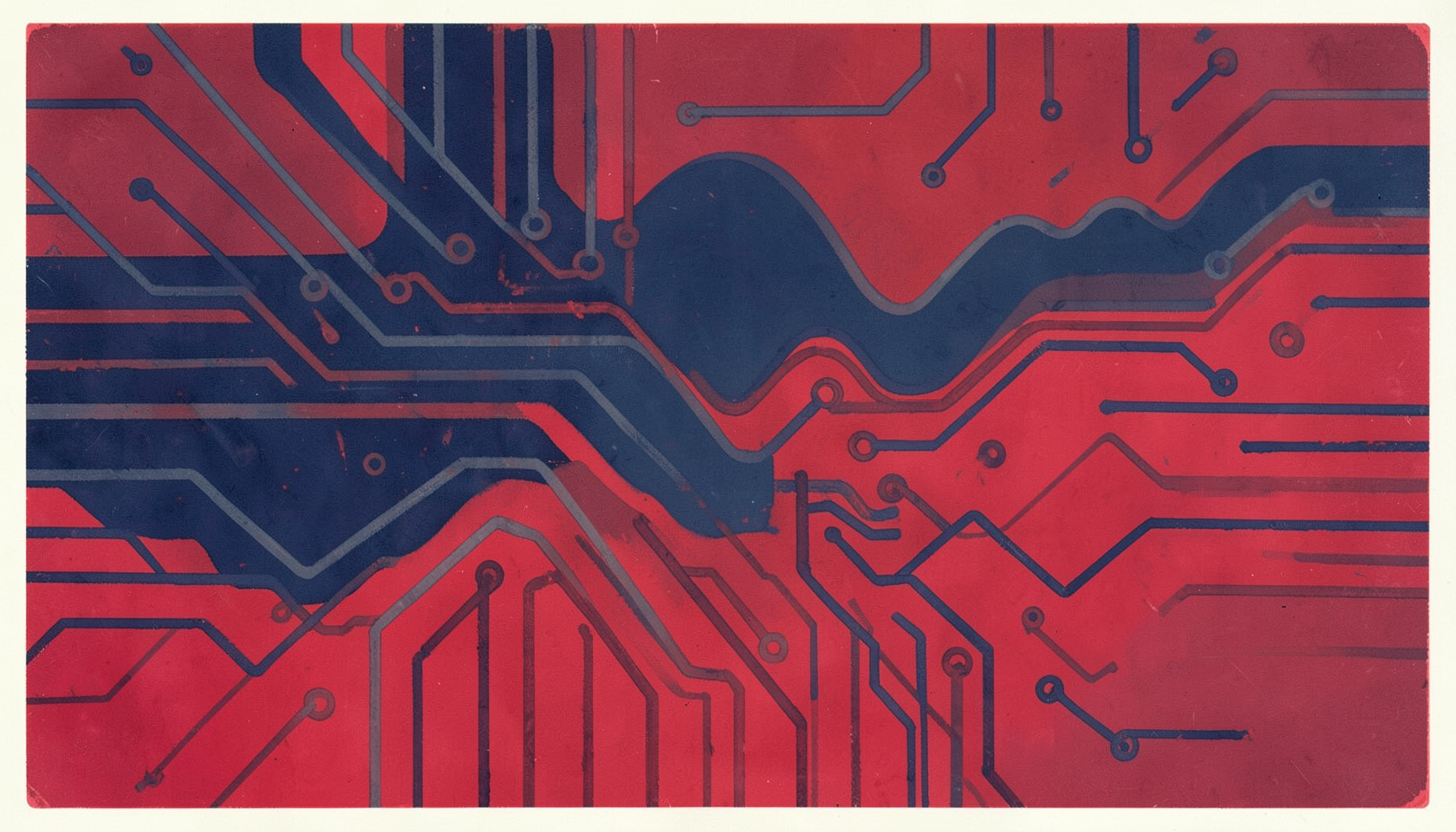 A matte gouache poster painting of abstract circuit traces and wave patterns in deep navy, slate gray, and muted crimson